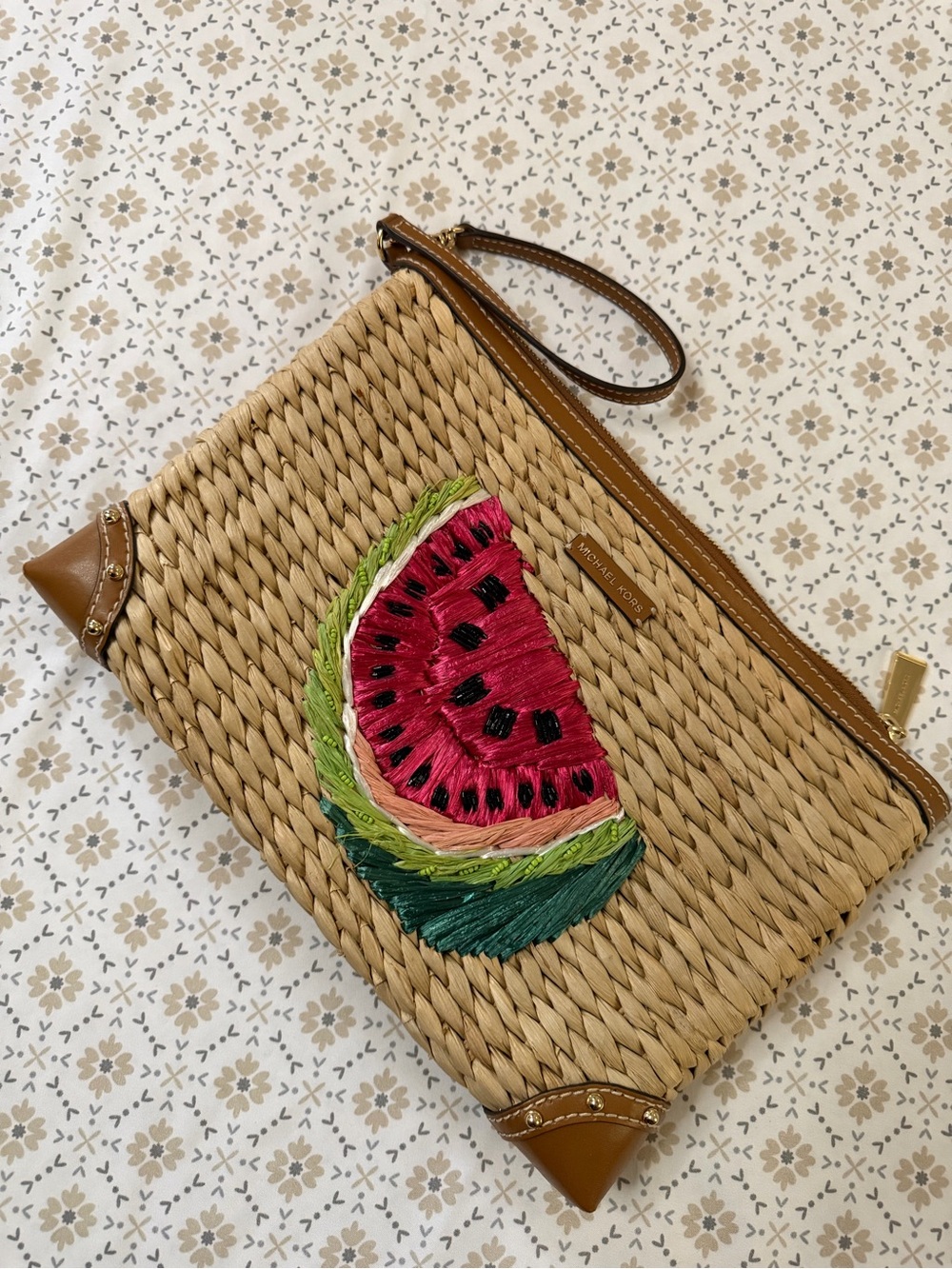 Michael Kors Straw Wristlet with Pink & Green Watermelon Embroidery - Picture 8 of 8